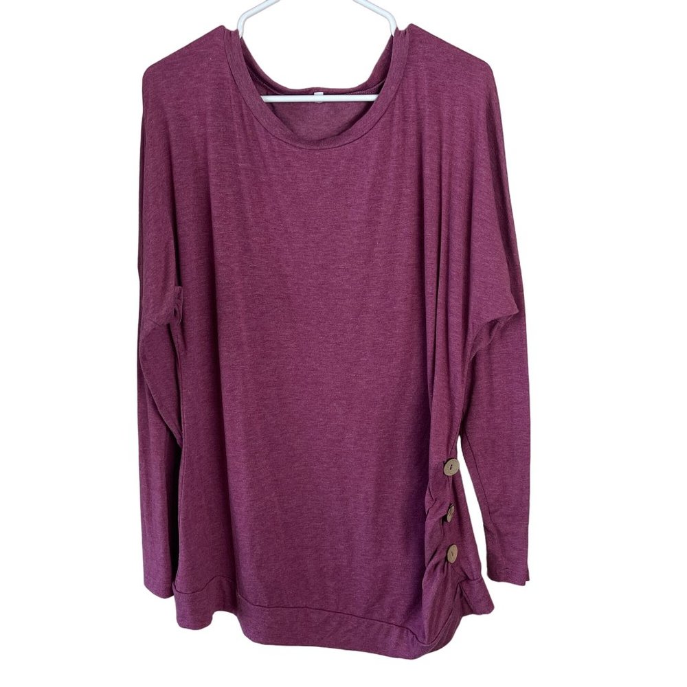 Casual Tunic Top Sweatshirt Womens 2XL Wine Red Side Ruched Wood Button Soft‎ - Picture 2 of 10
